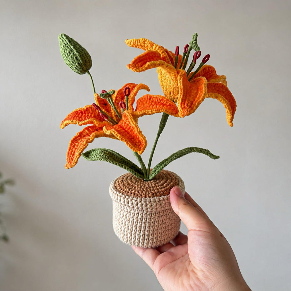Crochet Tiger Lily Flower Pot, Single or Double Bloom, Handmade Home Decor Gift