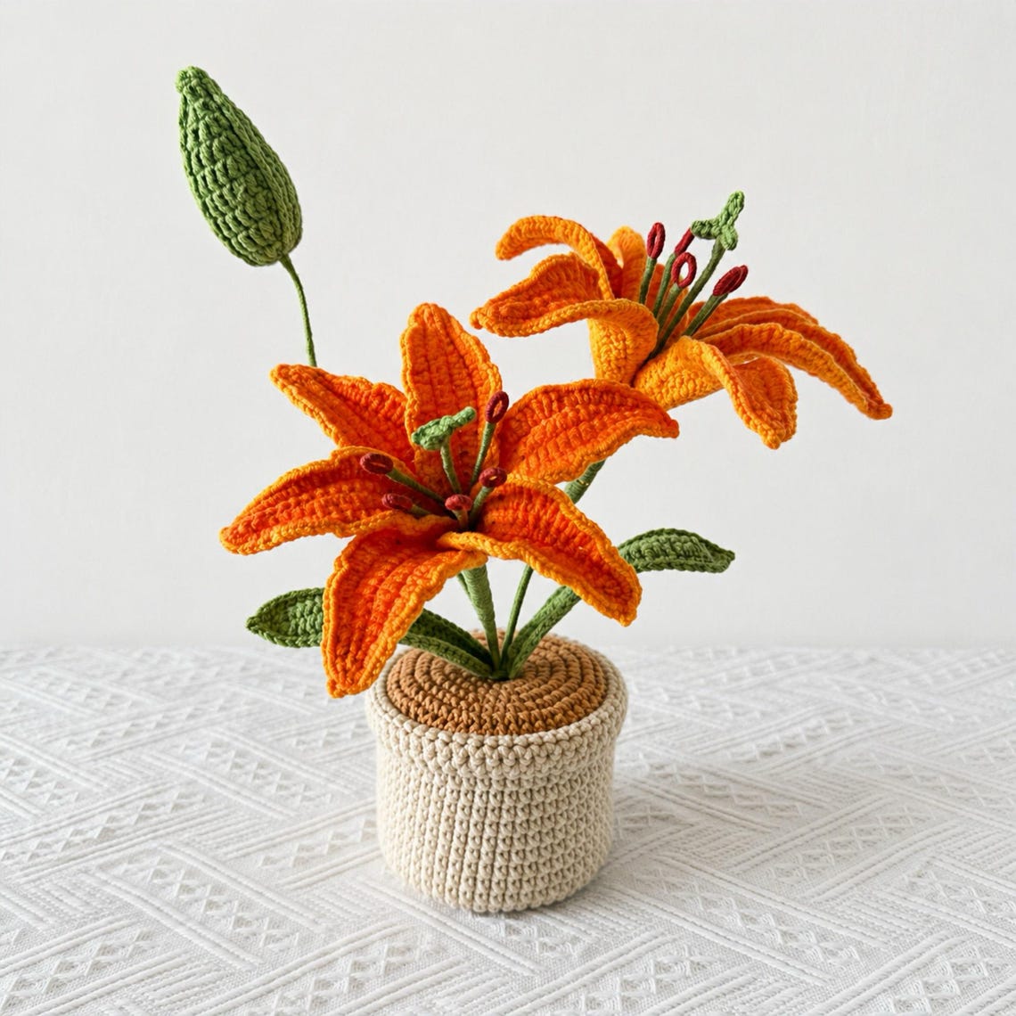 Crochet Tiger Lily Flower Pot, Single or Double Bloom, Handmade Home Decor Gift