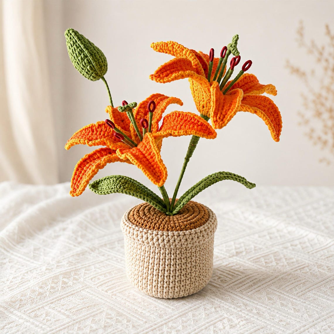 Crochet Tiger Lily Flower Pot, Single or Double Bloom, Handmade Home Decor Gift