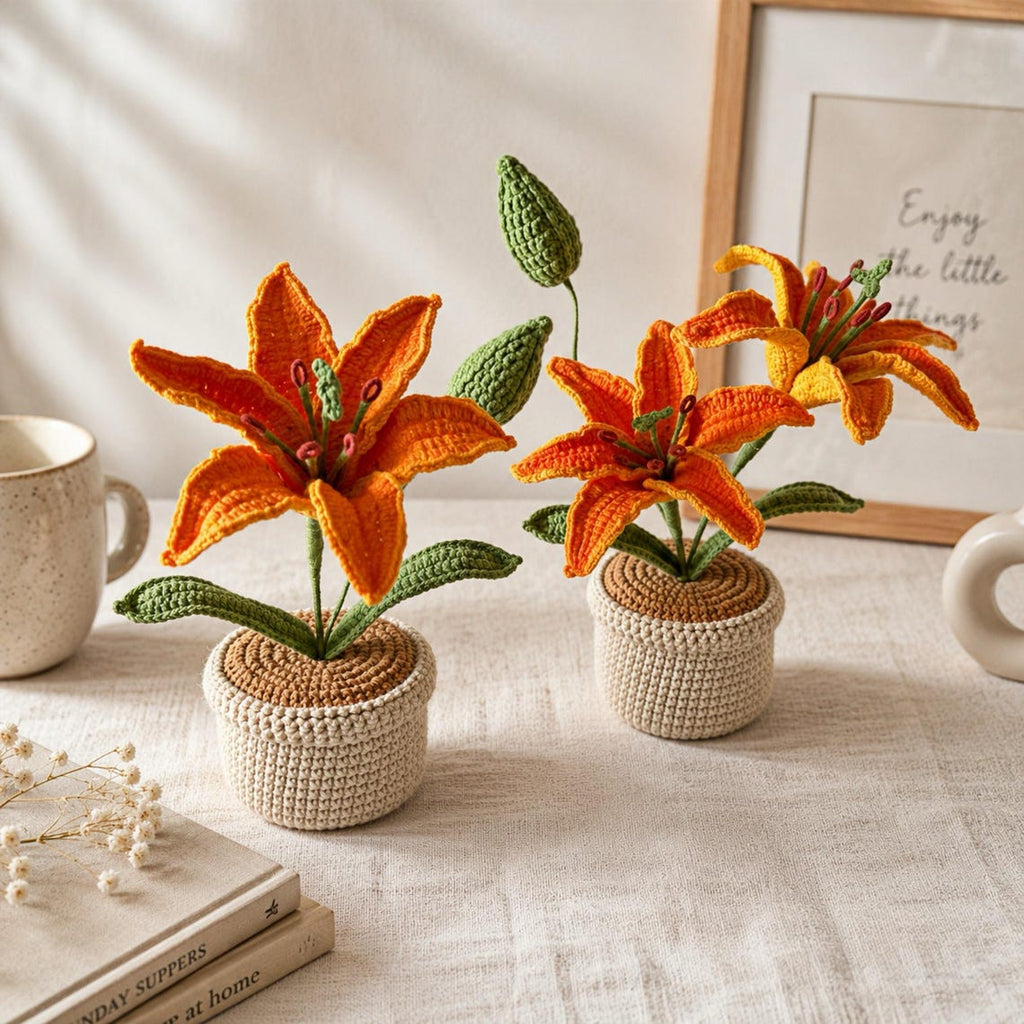 Crochet Tiger Lily Flower Pot, Single or Double Bloom, Handmade Home Decor Gift